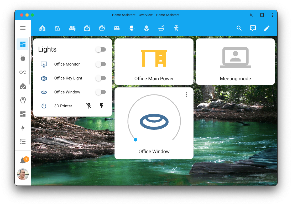 A screenshot showing my office dashboard in Home Assistant. It is quite the mess, with a weird dashboard background of a river.