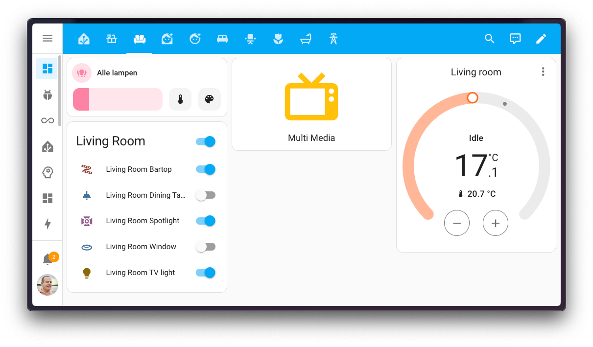 Screenshot of an Home Assistant living room dashboard. While functional, it is a mess and not appealing.