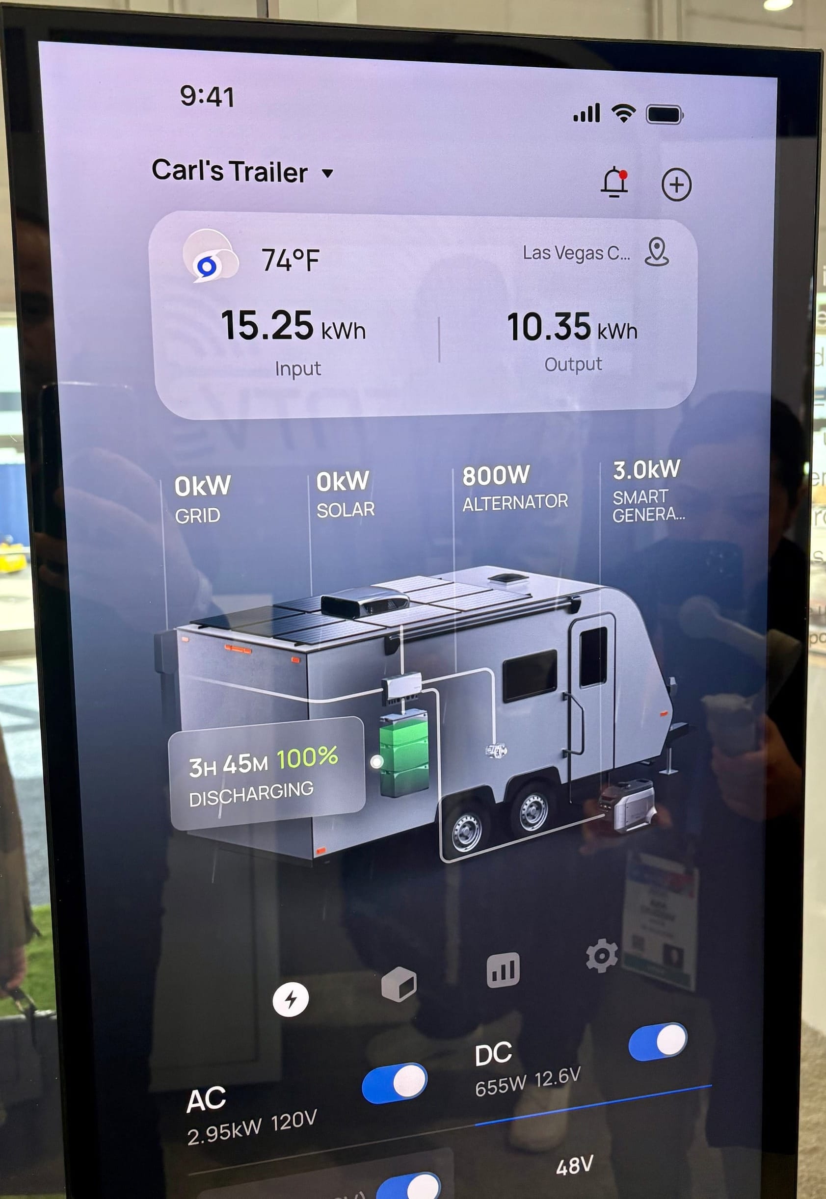 Picture of screen showing an energy management app labeled “Carl’s Trailer,” with real-time power input/output readings, battery status, and a 3D trailer graphic indicating various power sources and consumption levels.