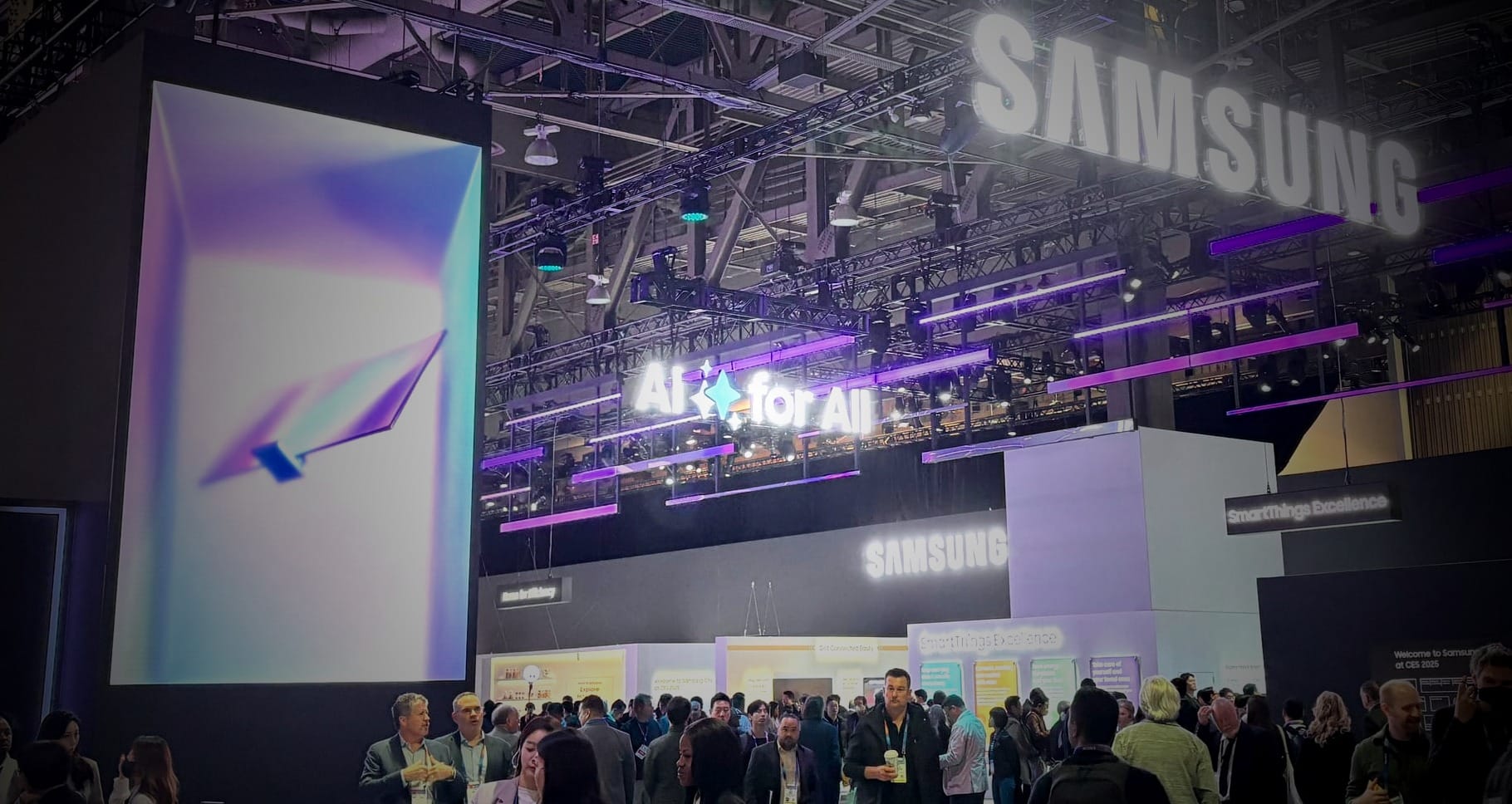 Picture of Samsung's booth at CES 2025, which has a large "AI for All" text hanging above it, making it a major theme for them.