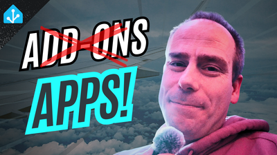 Frenck on an airplane wearing a pink hoodie, with text overlay showing "ADD-ONS" crossed out in red and "APPS!" in cyan blue, with the Home Assistant logo in the corner