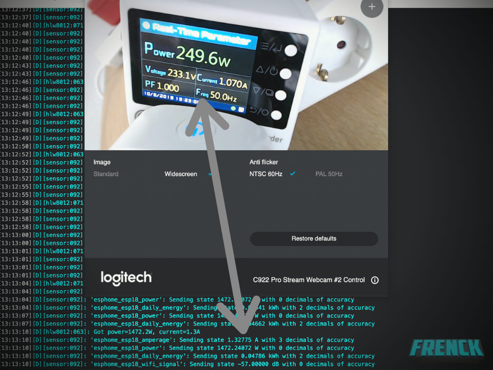 Image showing the relation between the ESPHome debug log and the values measured by the Zhurui PR10 Power Recorder