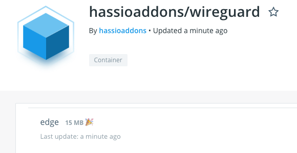 Screenshot showing the size of the WireGuard add-on on DockerHub